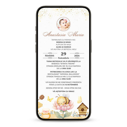 Invitatie Botez Baby Bee, Format Digital-BalloonEvents.ro
