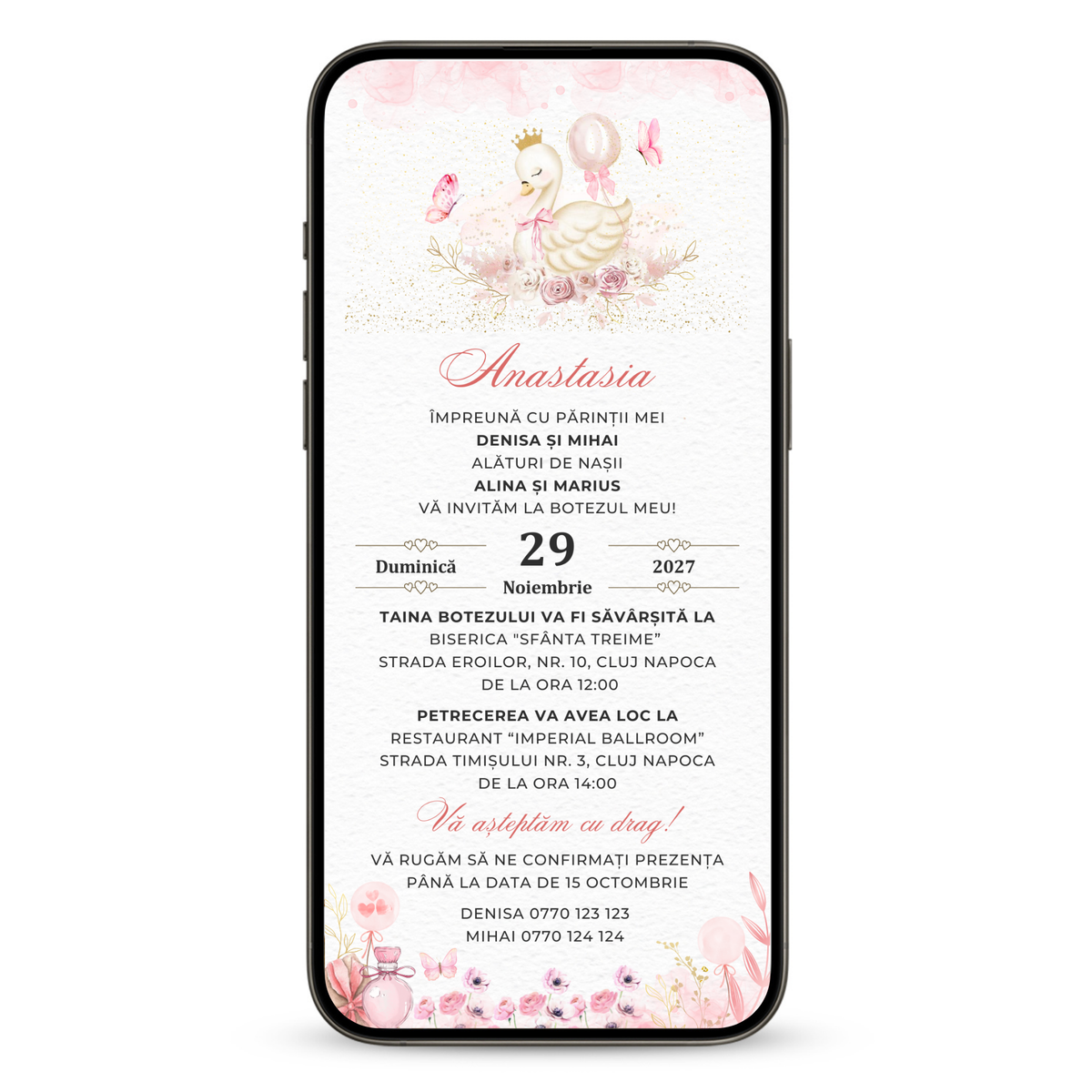 Invitatie Botez Baby Swan, Format Digital-BalloonEvents.ro