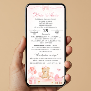 Invitatie Botez Baby Pink Girl, Format Digital