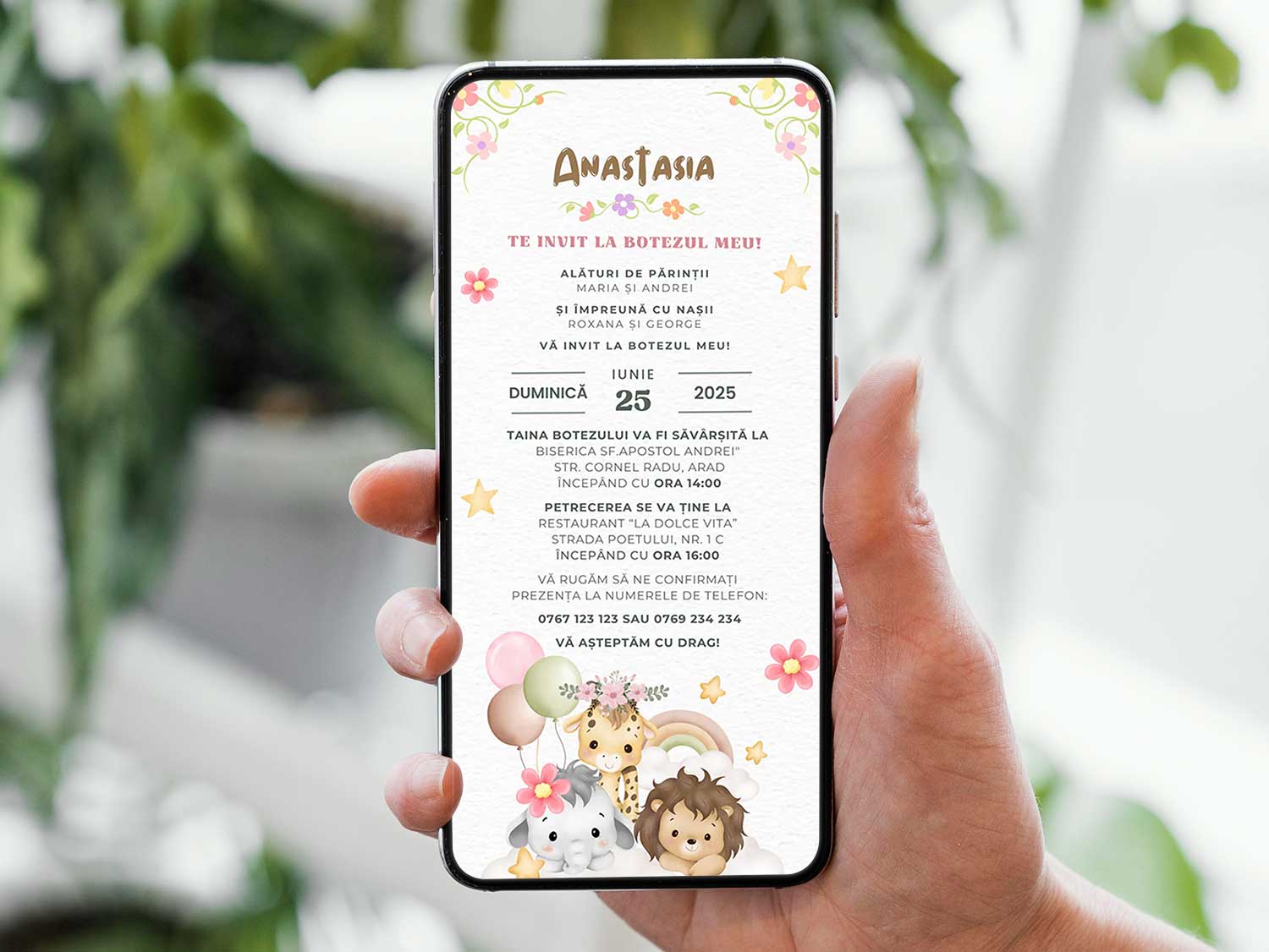 Invitatie Botez Baby Girl Safari, Format Digital