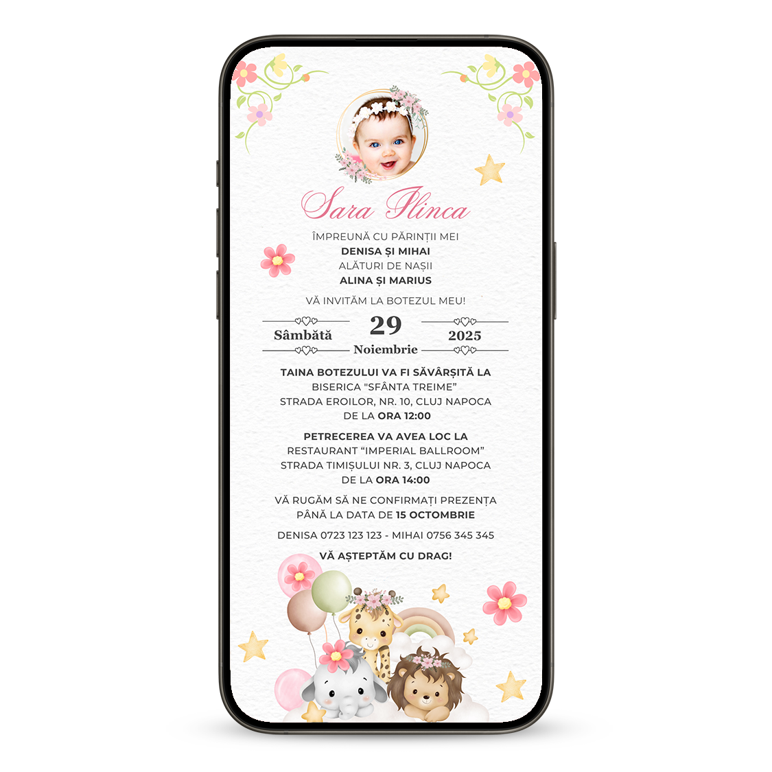 Invitatie Botez Baby Girl Safari, Format Digital-BalloonEvents.ro