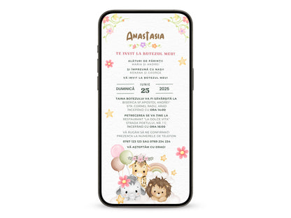 Invitatie Botez Baby Girl Safari, Format Digital