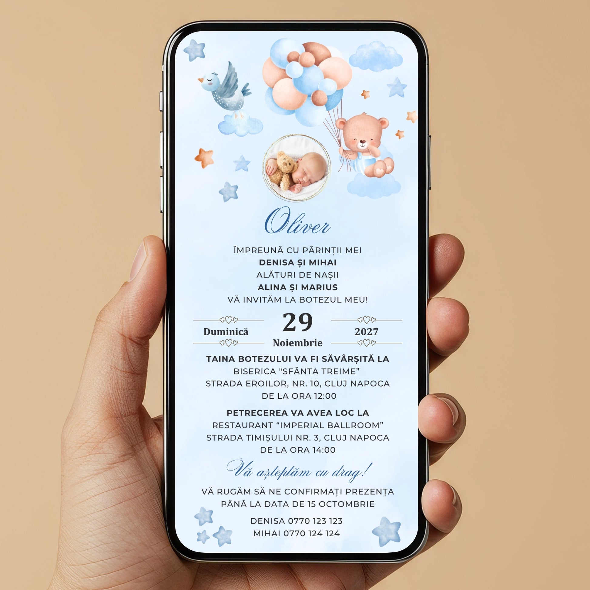 Invitatie Botez Balloon Bouquet Boy, Format Digital-BalloonEvents.ro