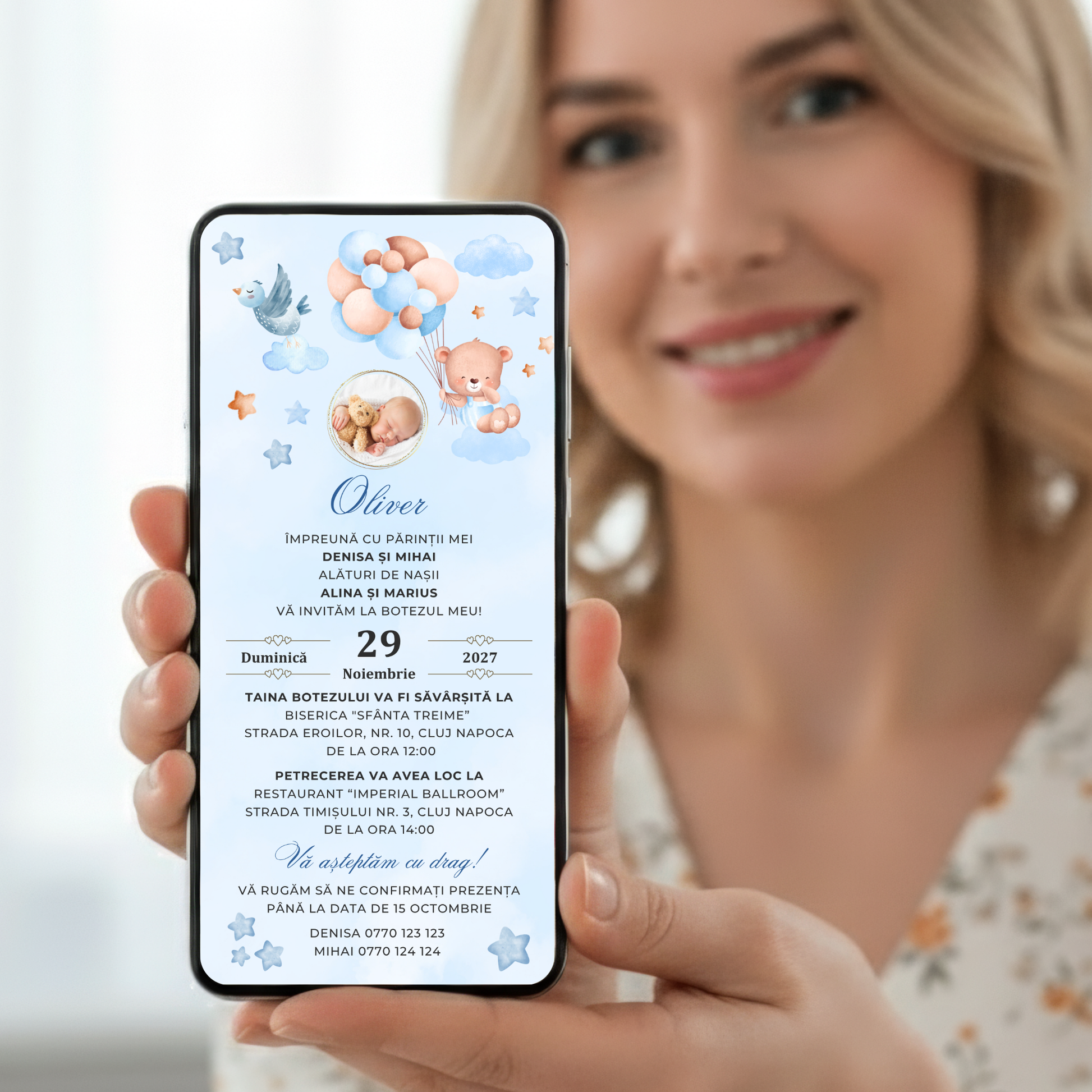 Invitatie Botez Balloon Bouquet Boy, Format Digital-BalloonEvents.ro