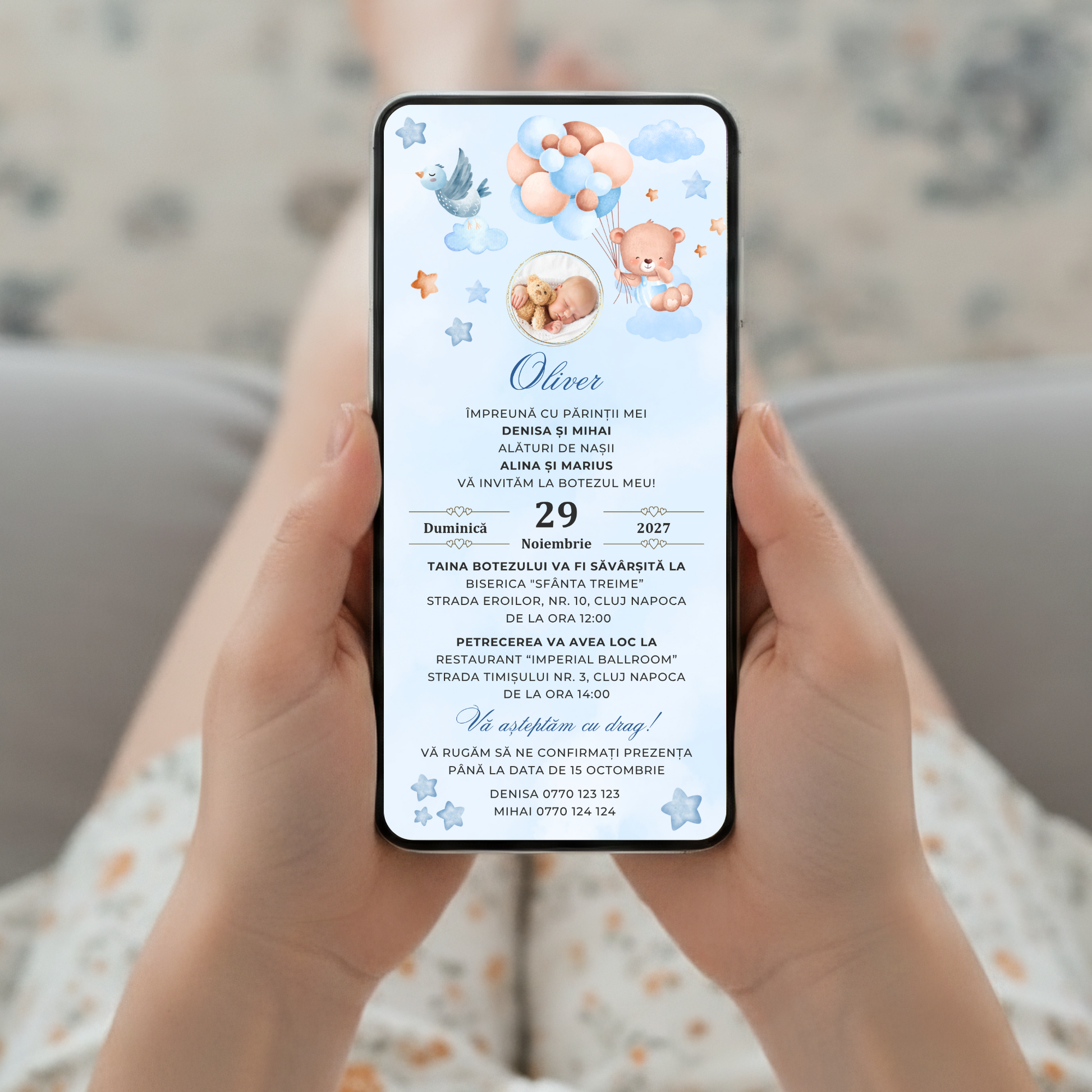 Invitatie Botez Balloon Bouquet Boy, Format Digital-BalloonEvents.ro