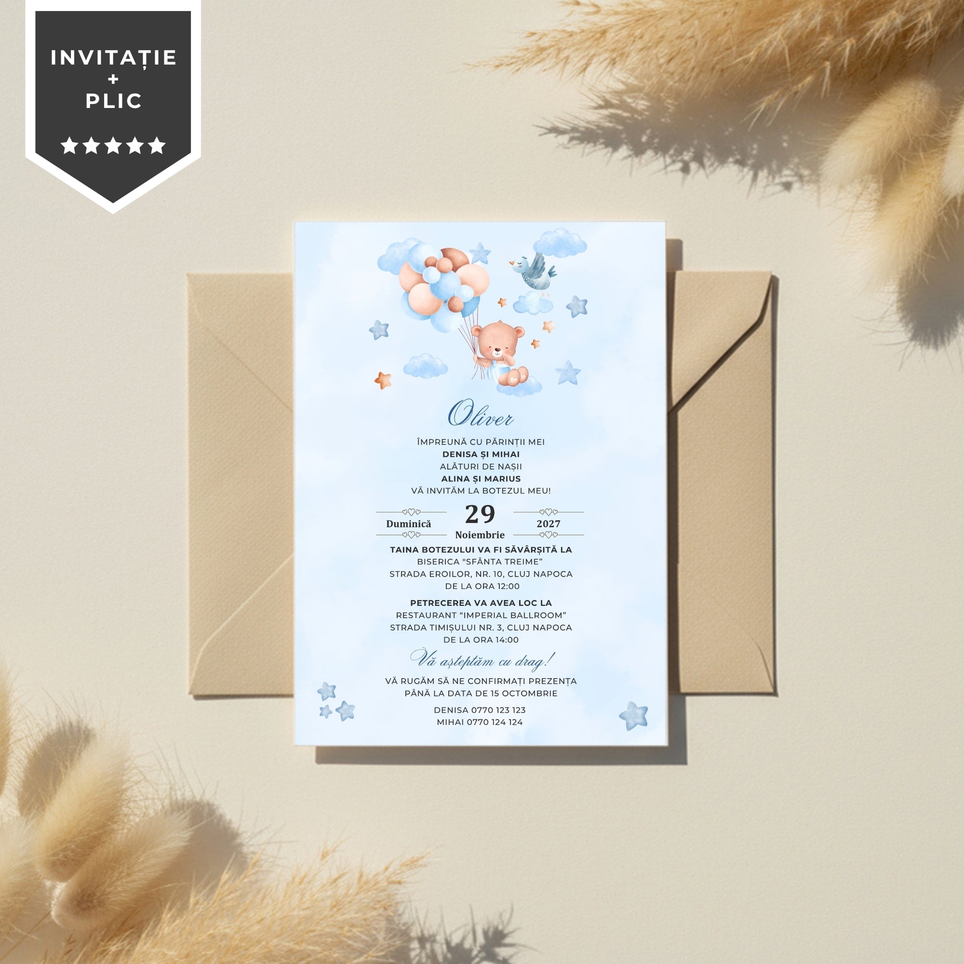 Invitatie Botez Balloon Bouquet Boy, Format Digital-BalloonEvents.ro