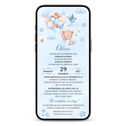 Invitatie Botez Balloon Bouquet Boy, Format Digital-BalloonEvents.ro