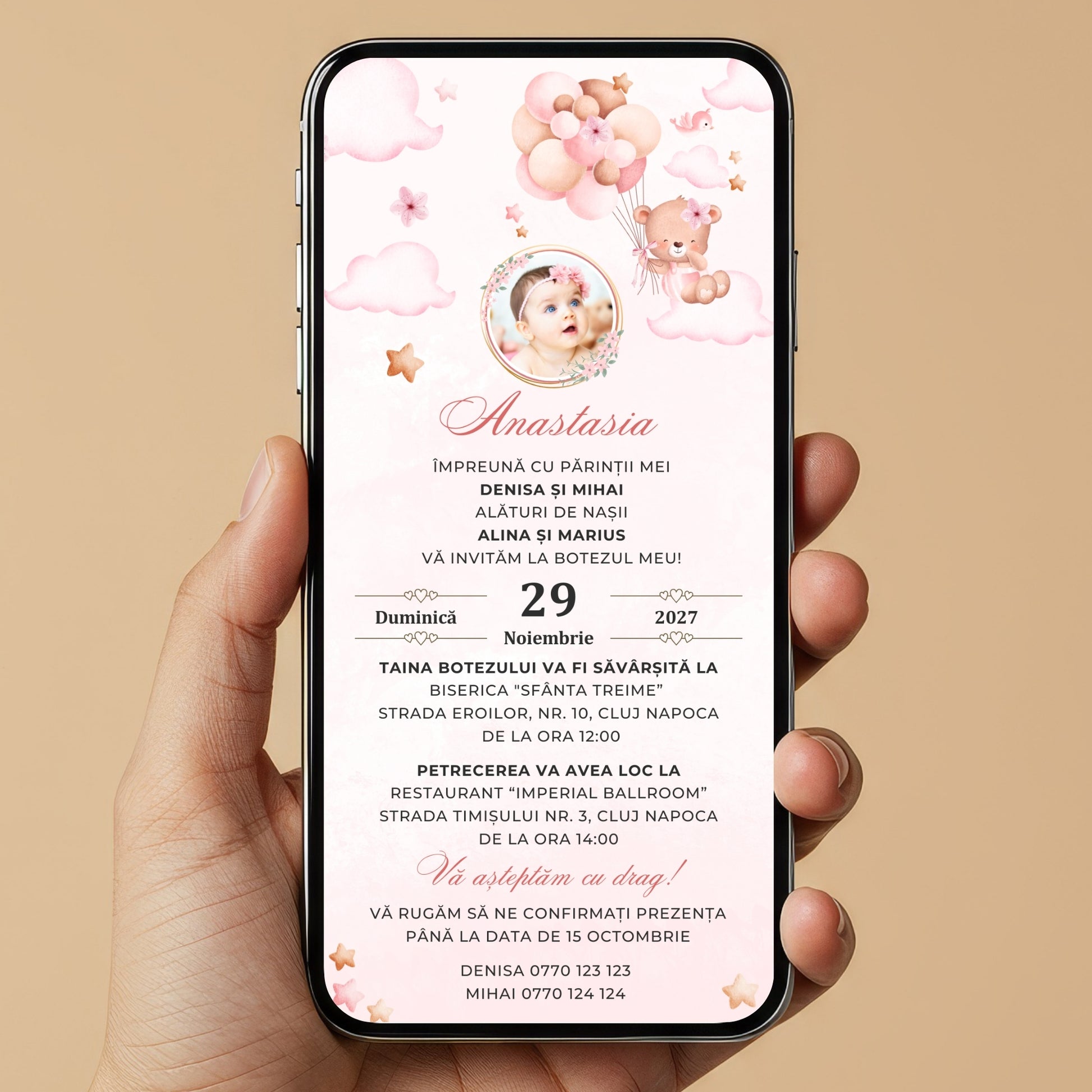 Invitatie Botez Balloon Bouquet Girl, Format Digital-BalloonEvents.ro