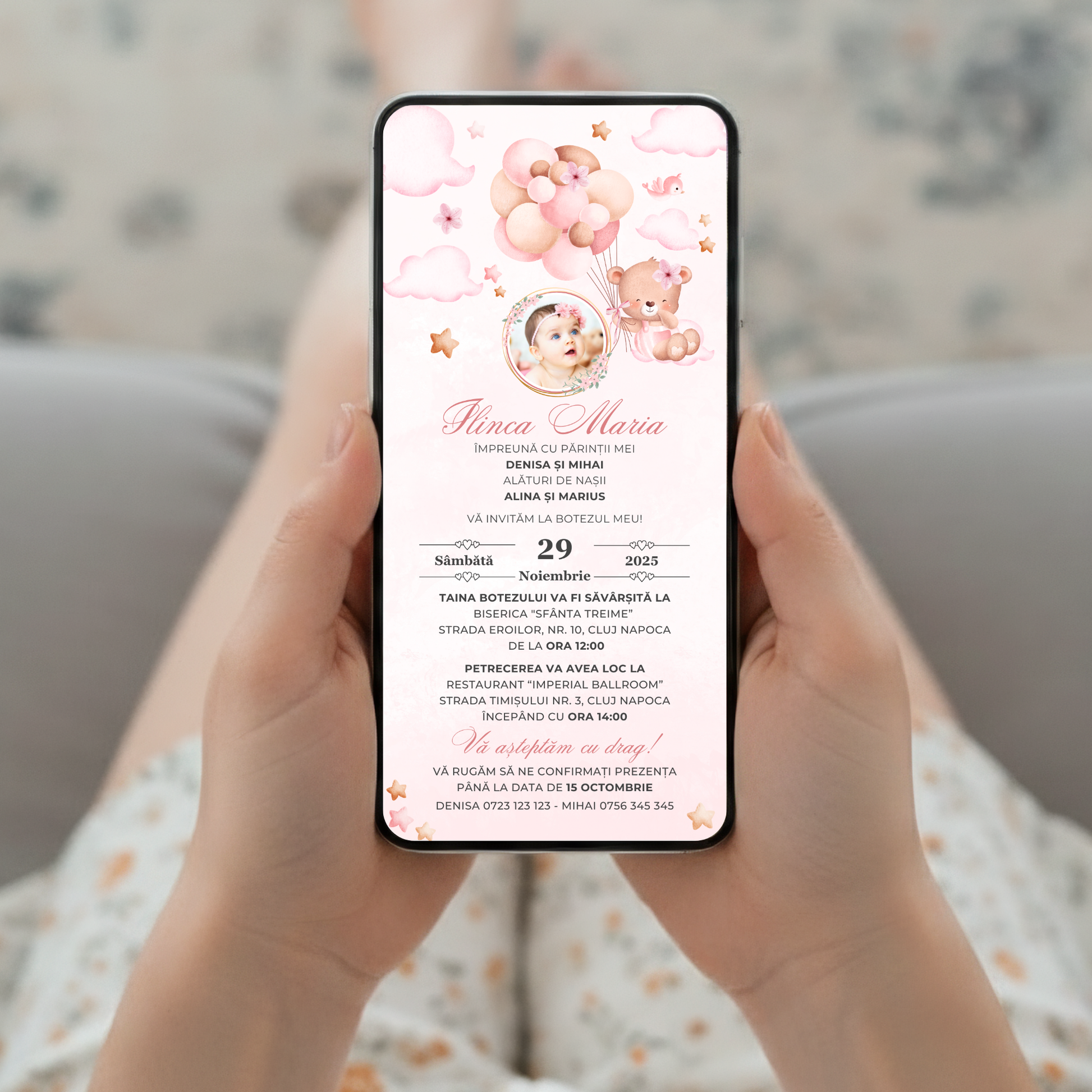 Invitatie Botez Balloon Bouquet Girl, Format Digital-BalloonEvents.ro