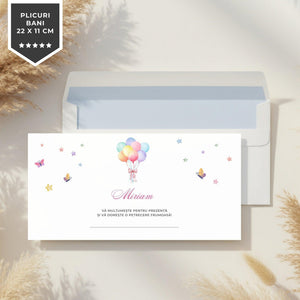 Invitatie Botez Balloon, Hartie Texturata, Plic Cartonat si Sigiliu Ceara Inclus