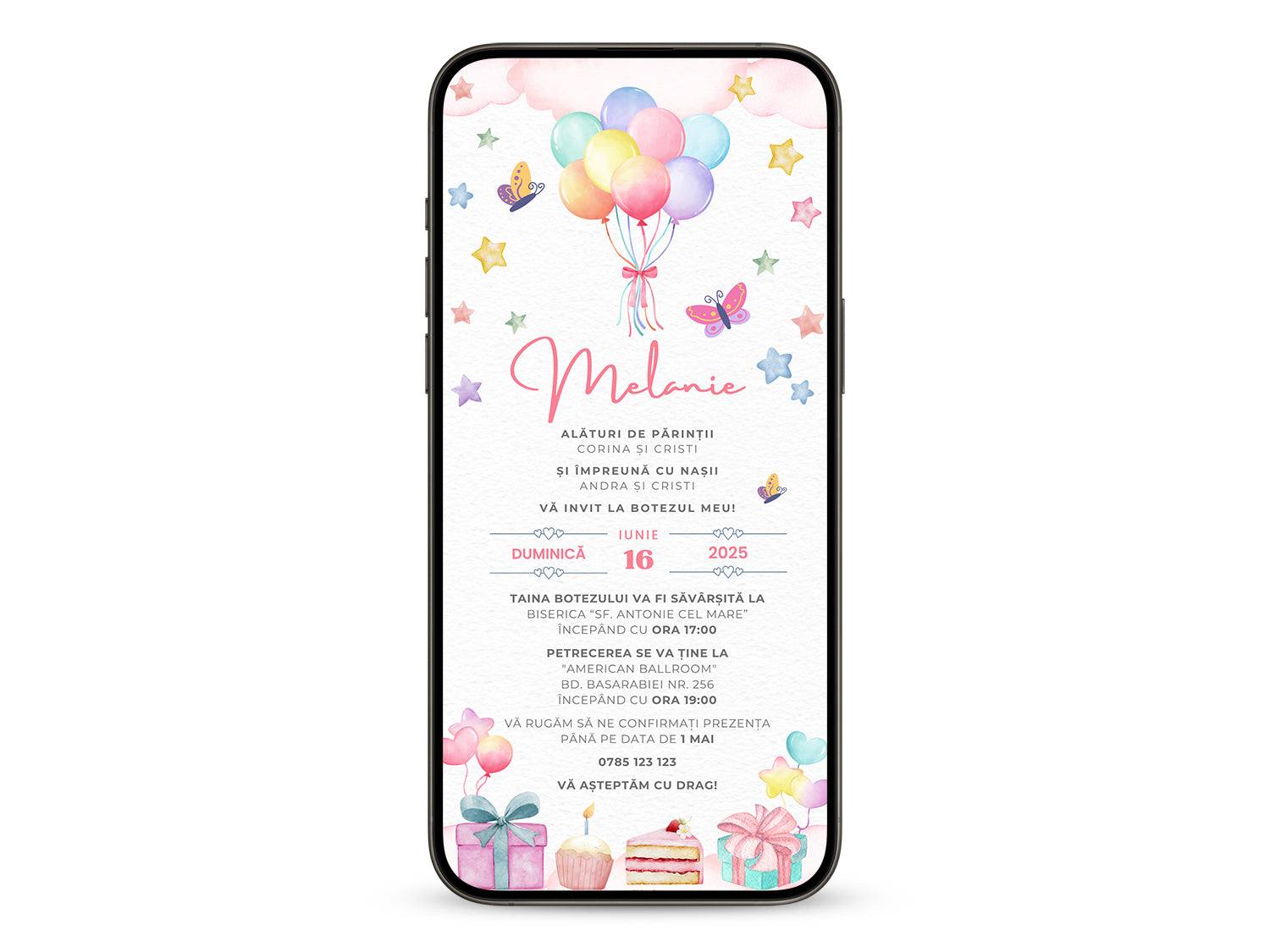 Invitatie Botez Balloon, Format Digital