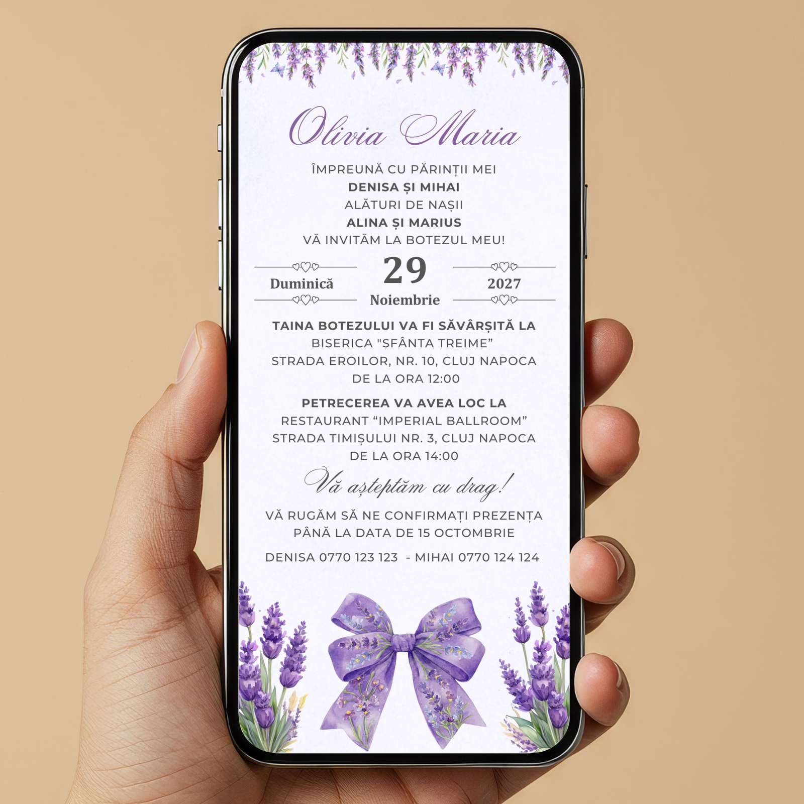 Invitatie Botez Beautiful Lavender, Format Digital-BalloonEvents.ro