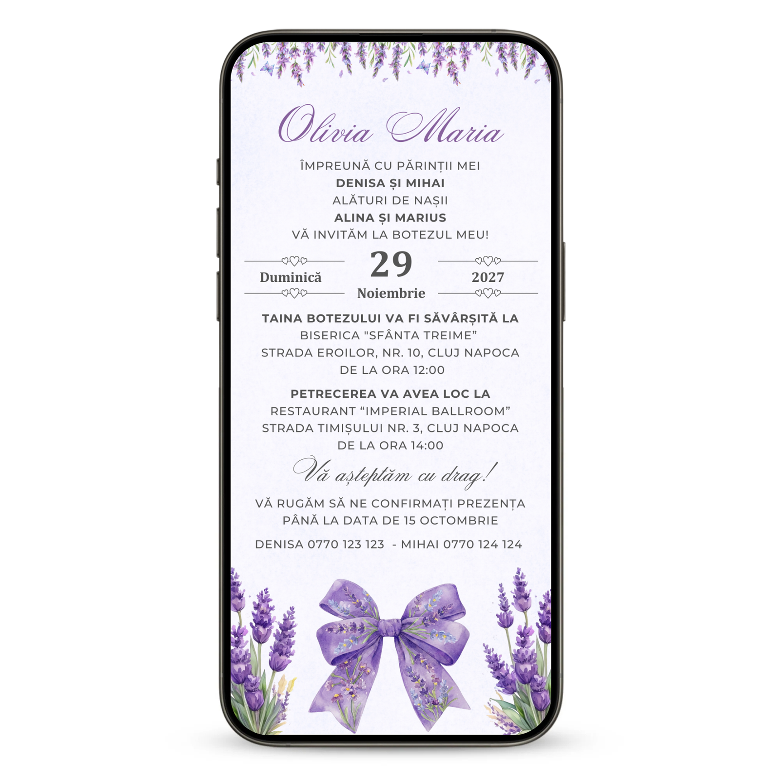 Invitatie Botez Beautiful Lavender, Format Digital-BalloonEvents.ro