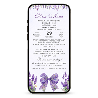 Invitatie Botez Beautiful Lavender, Format Digital-BalloonEvents.ro