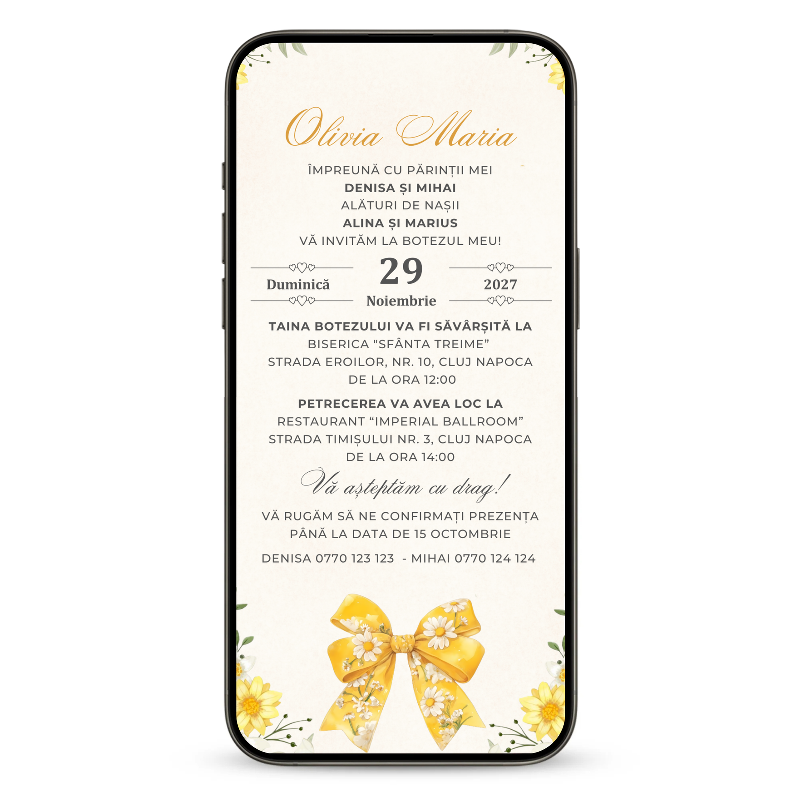 Invitatie Botez Beautiful Yellow, Format Digital-BalloonEvents.ro