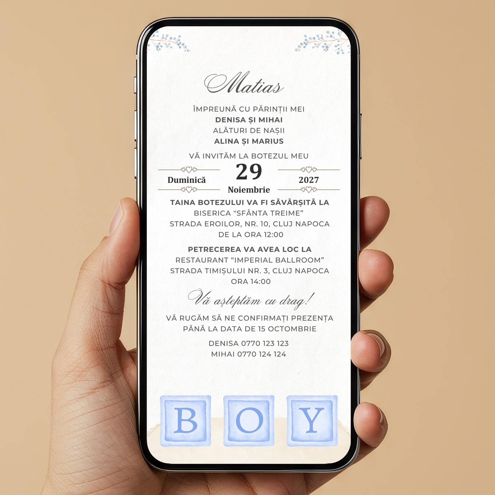 Invitatie Botez Blue Baby Boy, Format Digital-BalloonEvents.ro
