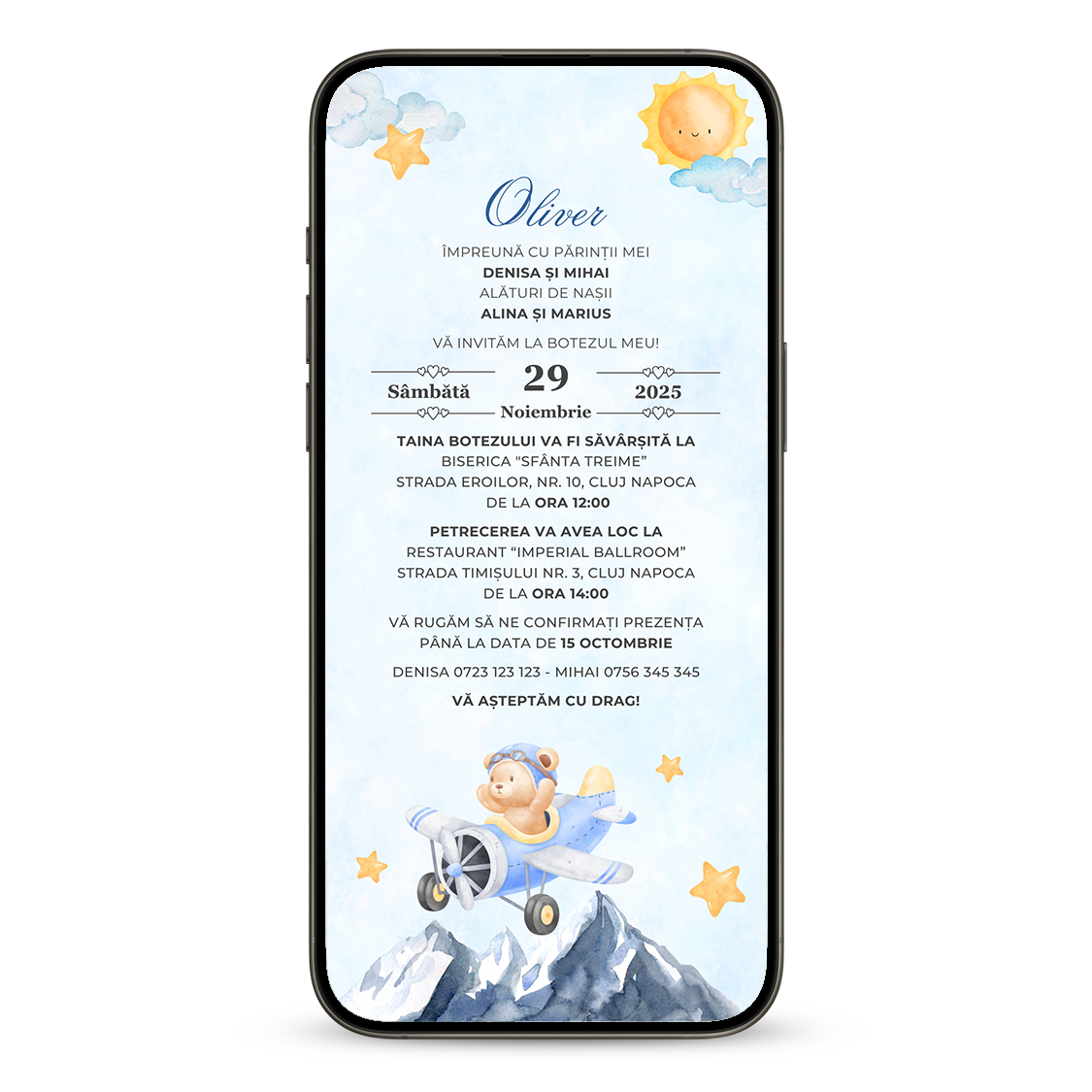 Invitatie Botez Blue Mountains, Format Digital-BalloonEvents.ro