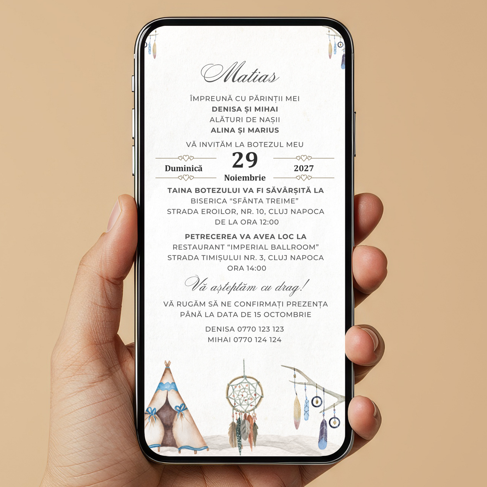 Invitatie Botez Boho Woho Cort, Format Digital-BalloonEvents.ro