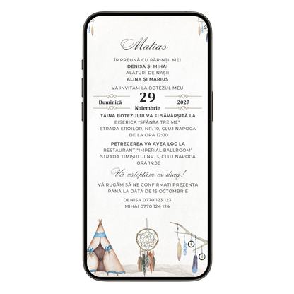 Invitatie Botez Boho Woho Cort, Format Digital-BalloonEvents.ro