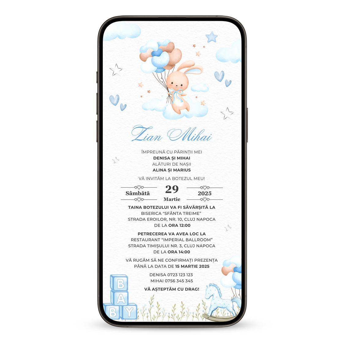 Invitatie Botez Bunny Boy, Format Digital-BalloonEvents.ro