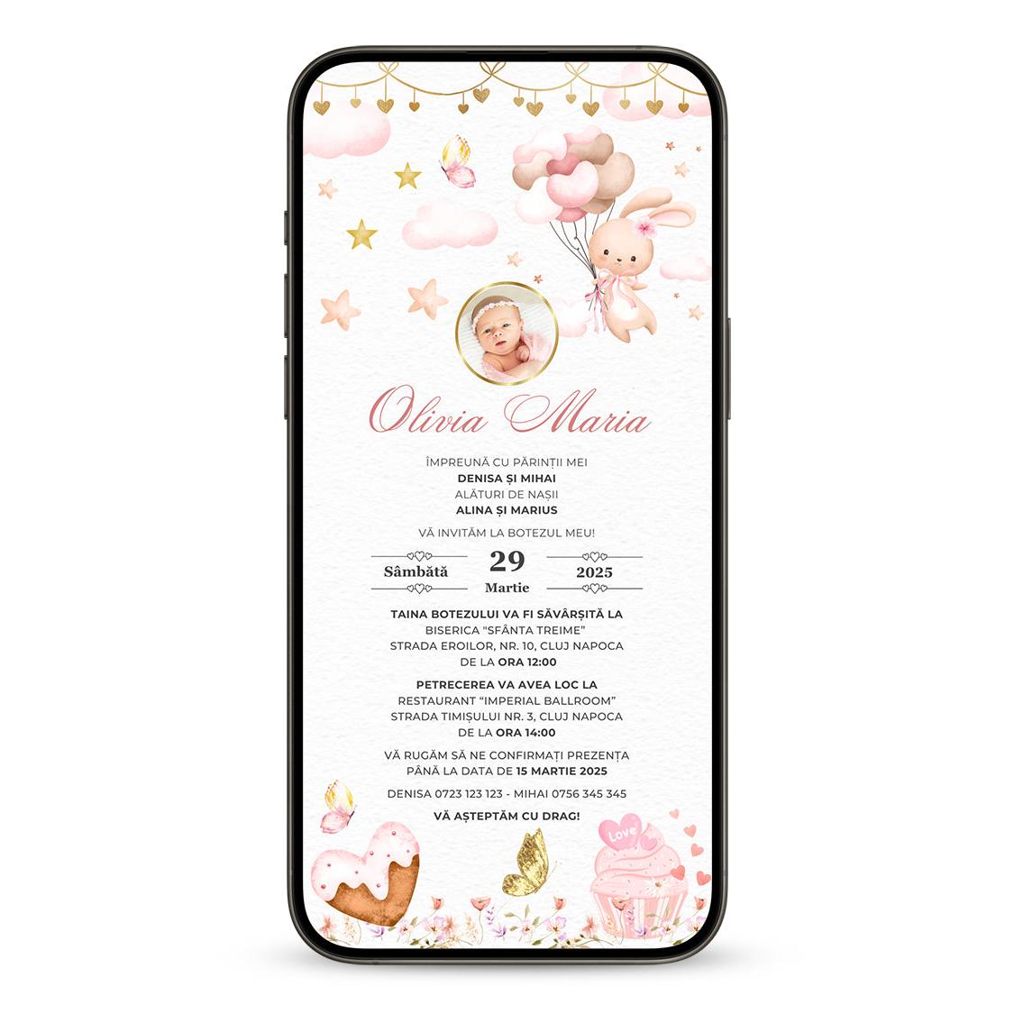 Invitatie Botez Bunny Heart, Format Digital-BalloonEvents.ro