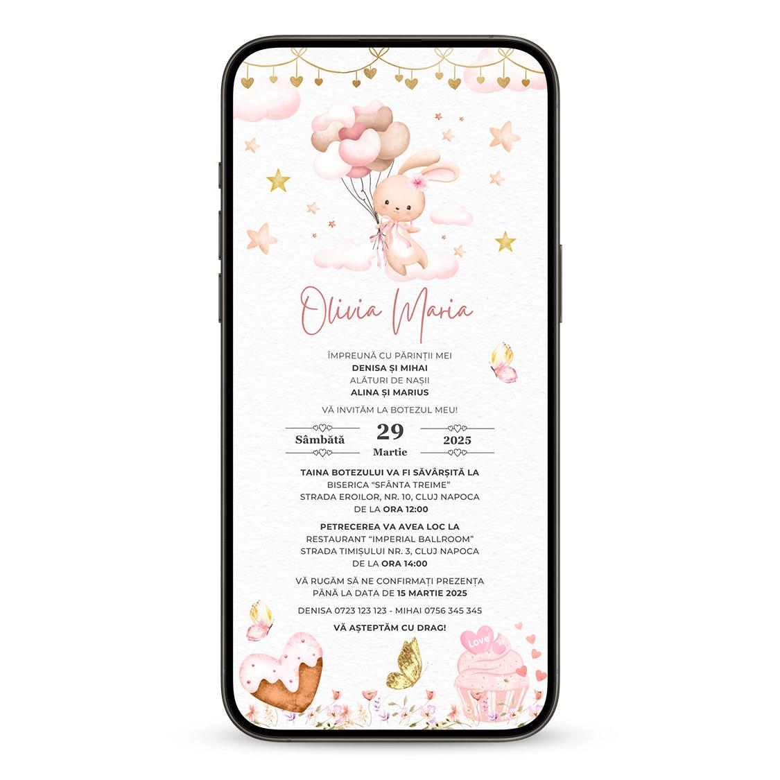 Invitatie Botez Bunny Heart, Format Digital-BalloonEvents.ro