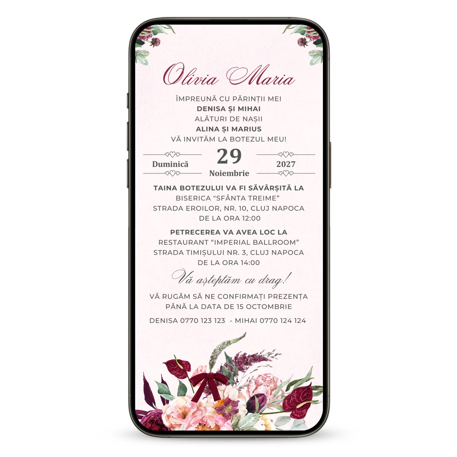 Invitatie Botez Burgundy Flowers, Format Digital-BalloonEvents.ro