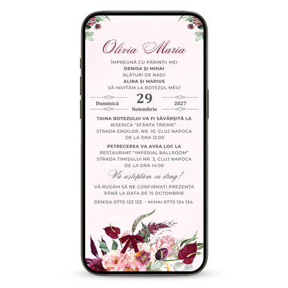 Invitatie Botez Burgundy Flowers, Format Digital-BalloonEvents.ro