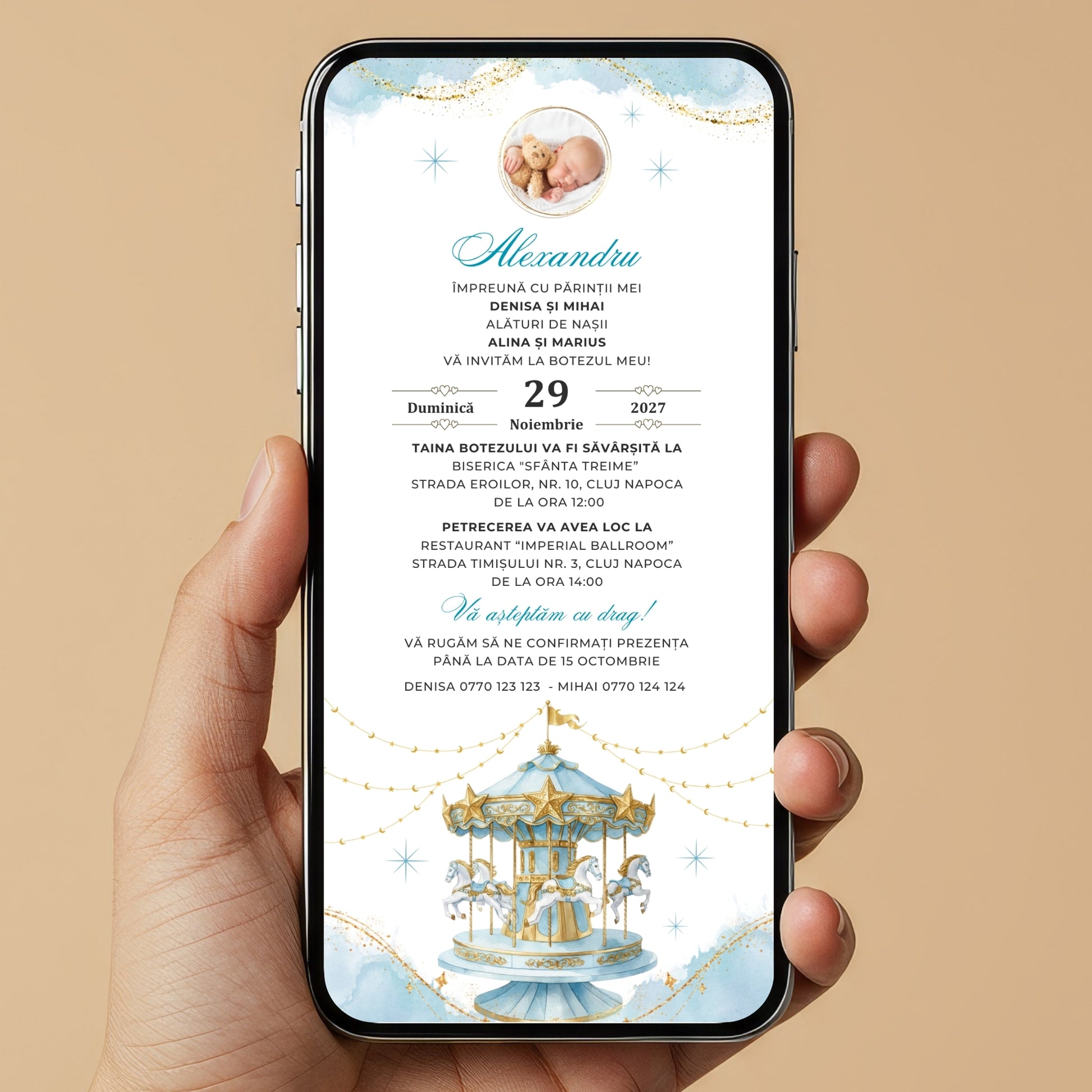 Invitatie Botez Carousel Boy, Format Digital-BalloonEvents.ro