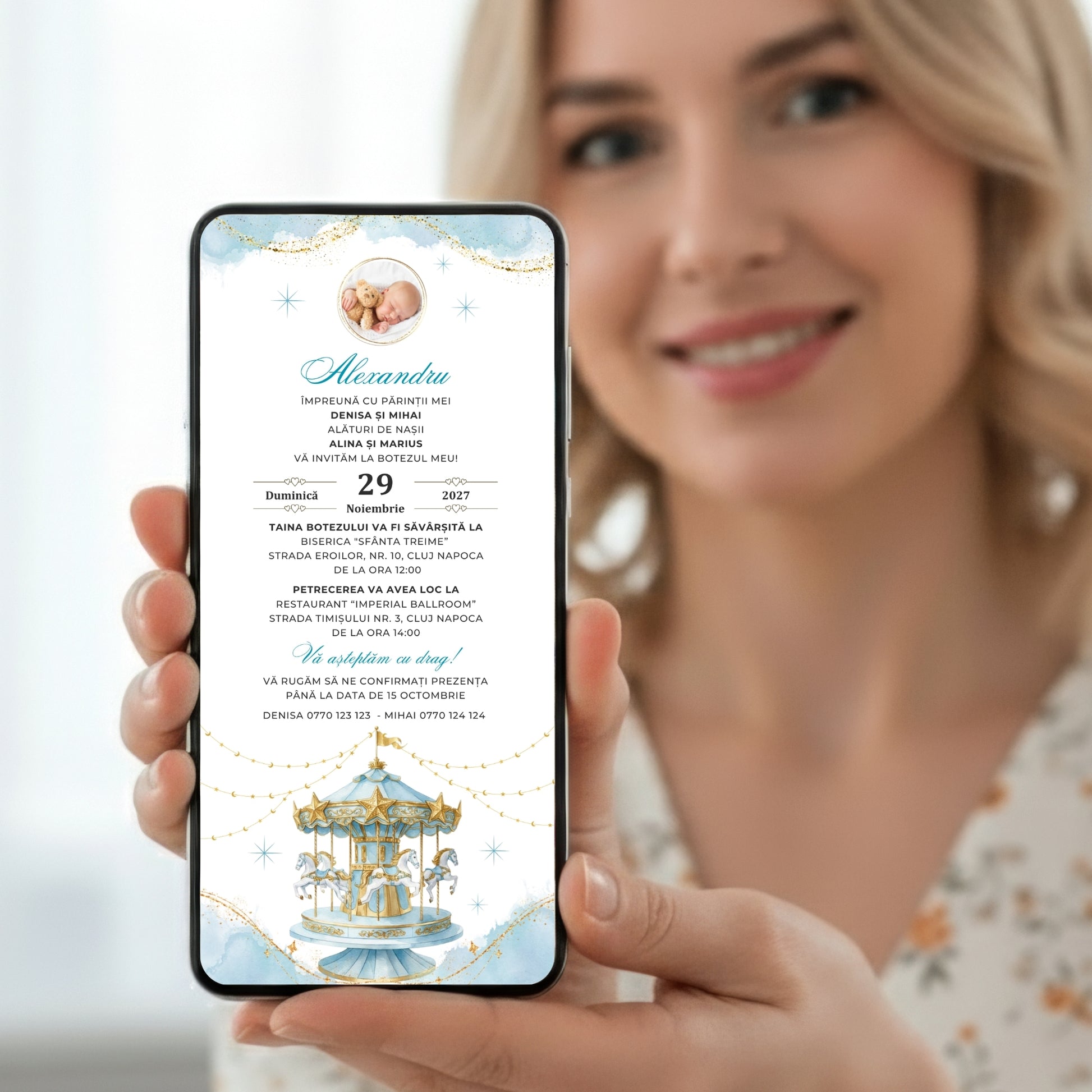 Invitatie Botez Carousel Boy, Format Digital-BalloonEvents.ro