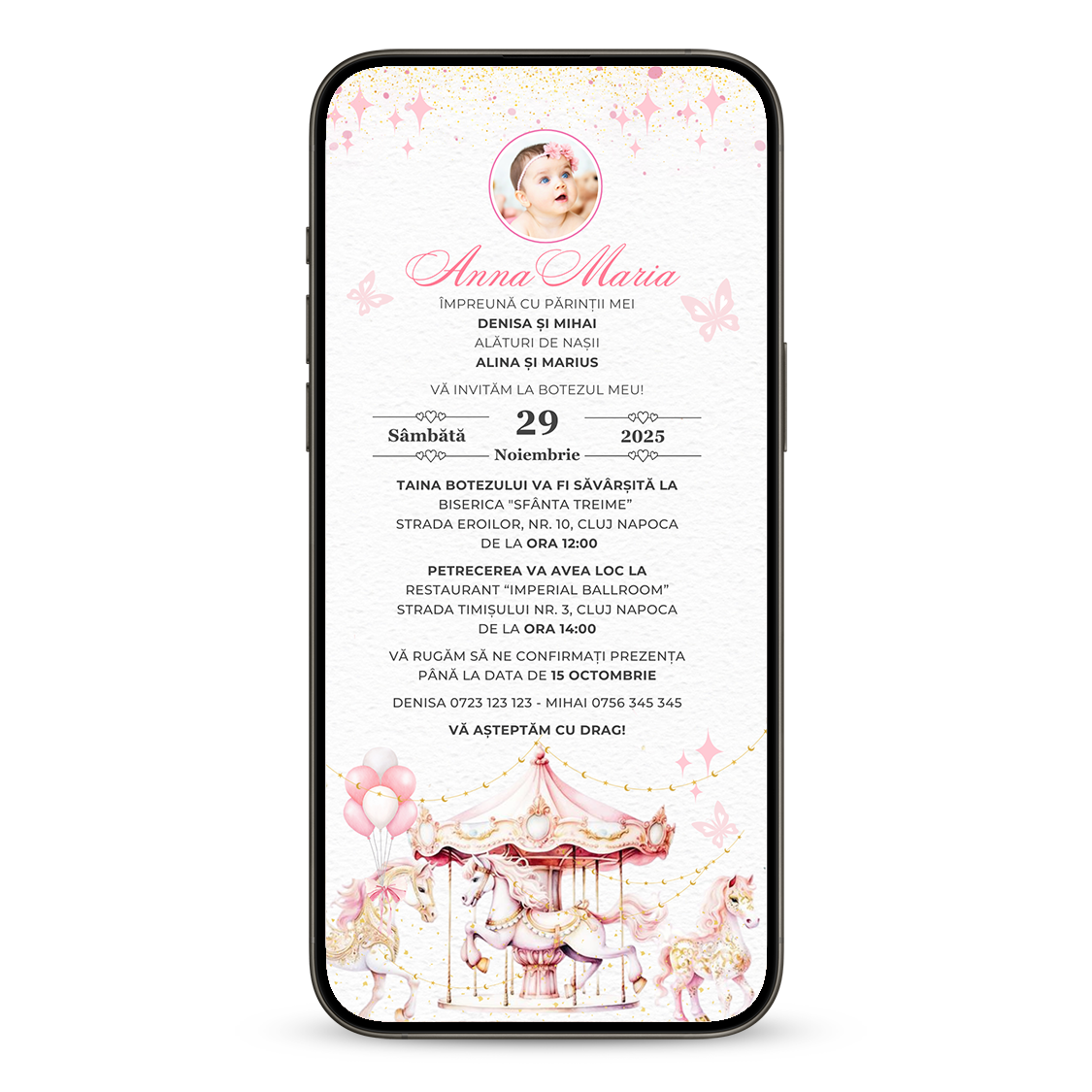 Invitatie Botez Carousel Pink, Format Digital-BalloonEvents.ro