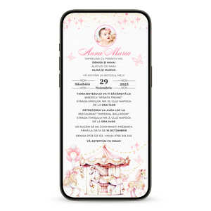 Invitatie Botez Carousel Pink, Format Digital-BalloonEvents.ro