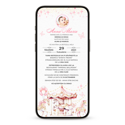 Invitatie Botez Carousel Pink, Format Digital-BalloonEvents.ro