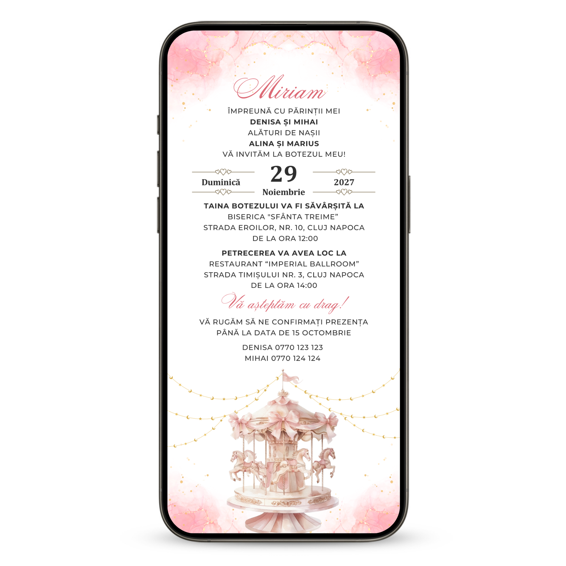 Invitatie Botez Carousel Pink, Format Digital-BalloonEvents.ro