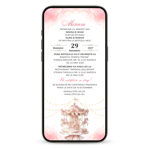 Invitatie Botez Carousel Pink, Format Digital-BalloonEvents.ro