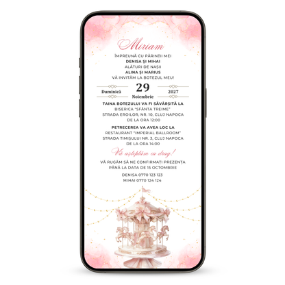Invitatie Botez Carousel Pink, Format Digital-BalloonEvents.ro