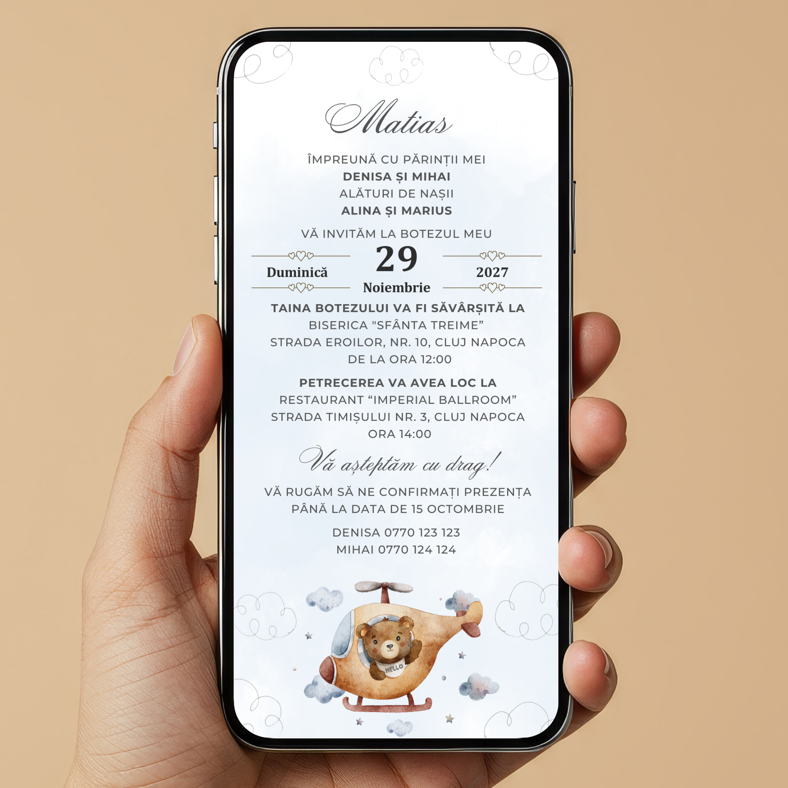 Invitatie Botez Courageous Bear, Format Digital-BalloonEvents.ro