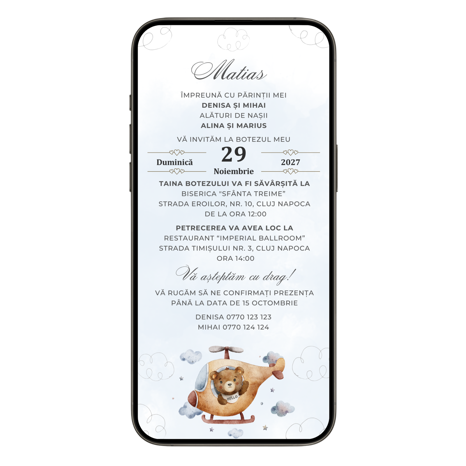 Invitatie Botez Courageous Bear, Format Digital-BalloonEvents.ro