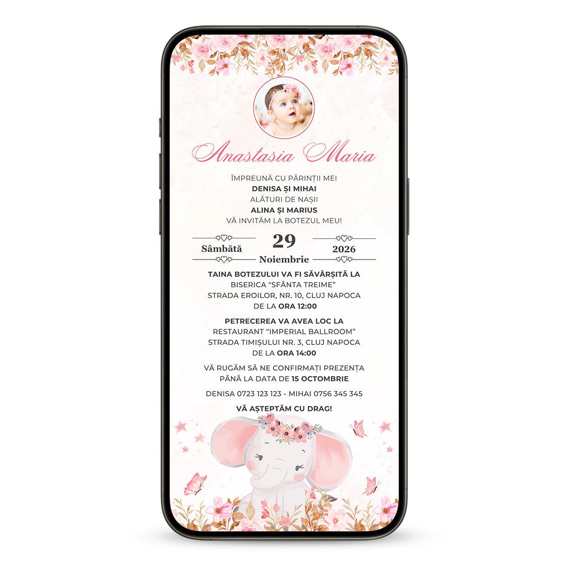 Invitatie Botez Cute Baby Elephant, Format Digital-BalloonEvents.ro