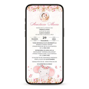 Invitatie Botez Cute Baby Elephant, Format Digital-BalloonEvents.ro