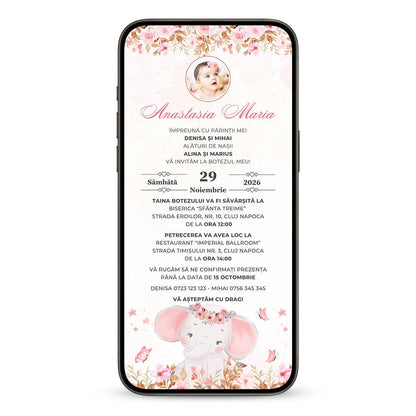 Invitatie Botez Cute Baby Elephant, Format Digital-BalloonEvents.ro
