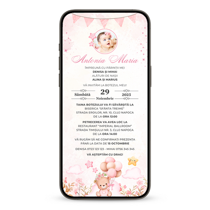 Invitatie Botez Cute Bear, Format Digital-BalloonEvents.ro
