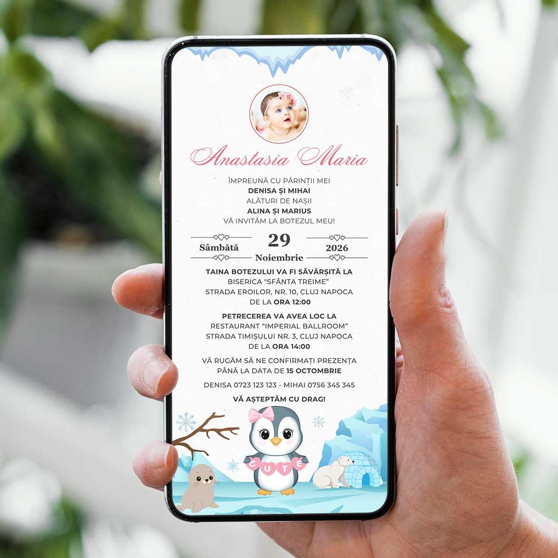Invitatie Botez Cute Penguin, Format Digital-BalloonEvents.ro