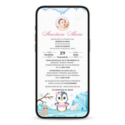 Invitatie Botez Cute Penguin, Format Digital-BalloonEvents.ro