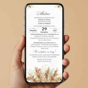 Invitatie Botez Elegant Pampas, Format Digital-BalloonEvents.ro