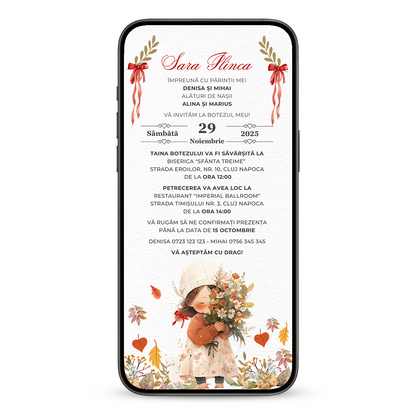 Invitatie Botez Fetita Retro, Format Digital-BalloonEvents.ro