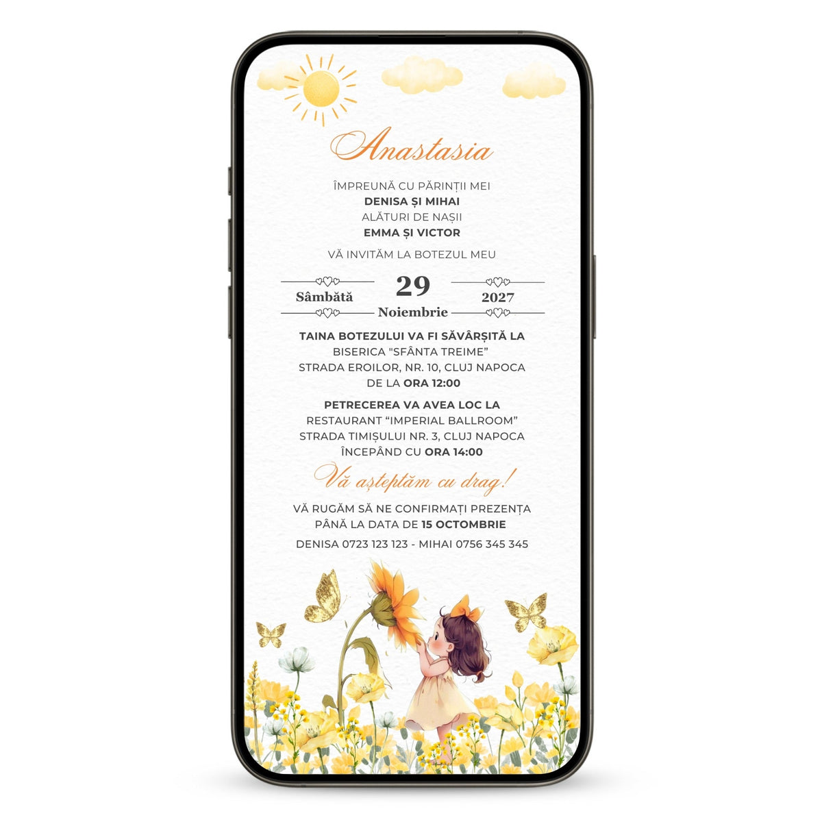 Invitatie Botez Fetita Soarelui, Format Digital-BalloonEvents.ro