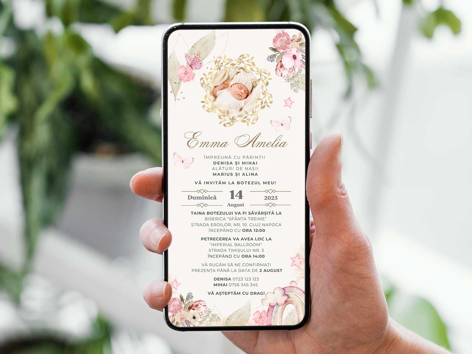 Invitatie Botez Floral Retro, Format Digital