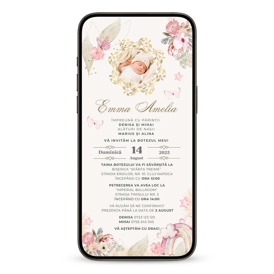 Invitatie Botez Floral Retro, Format Digital-BalloonEvents.ro