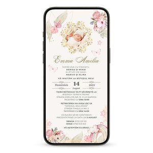 Invitatie Botez Floral Retro, Format Digital-BalloonEvents.ro